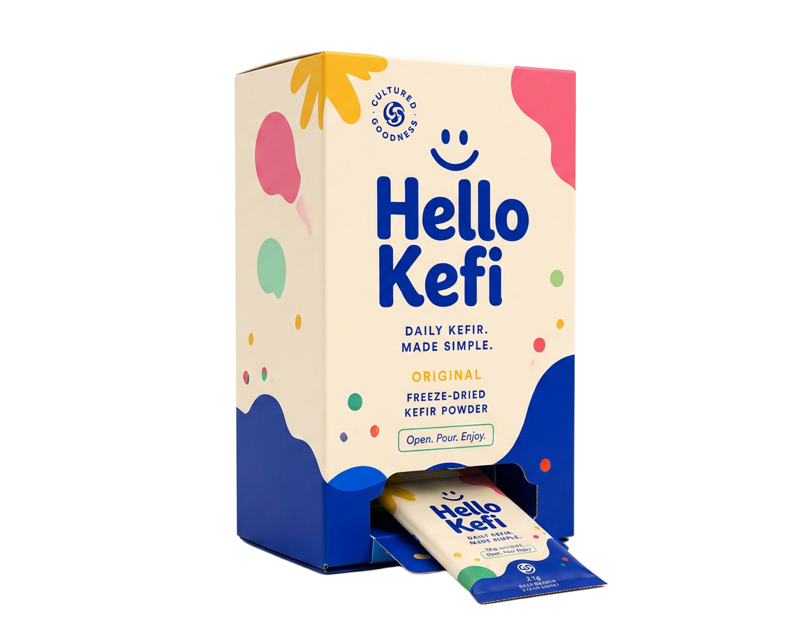 Hello Kefi box dispensing a sachet from the bottom